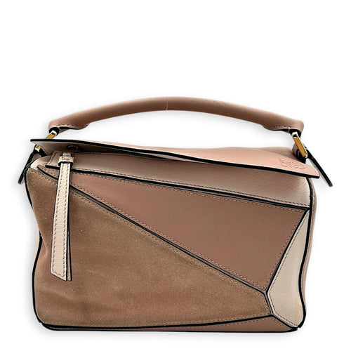 Puzzle Top Handle Bag Small Pink in Suede Leather, Gold hardware