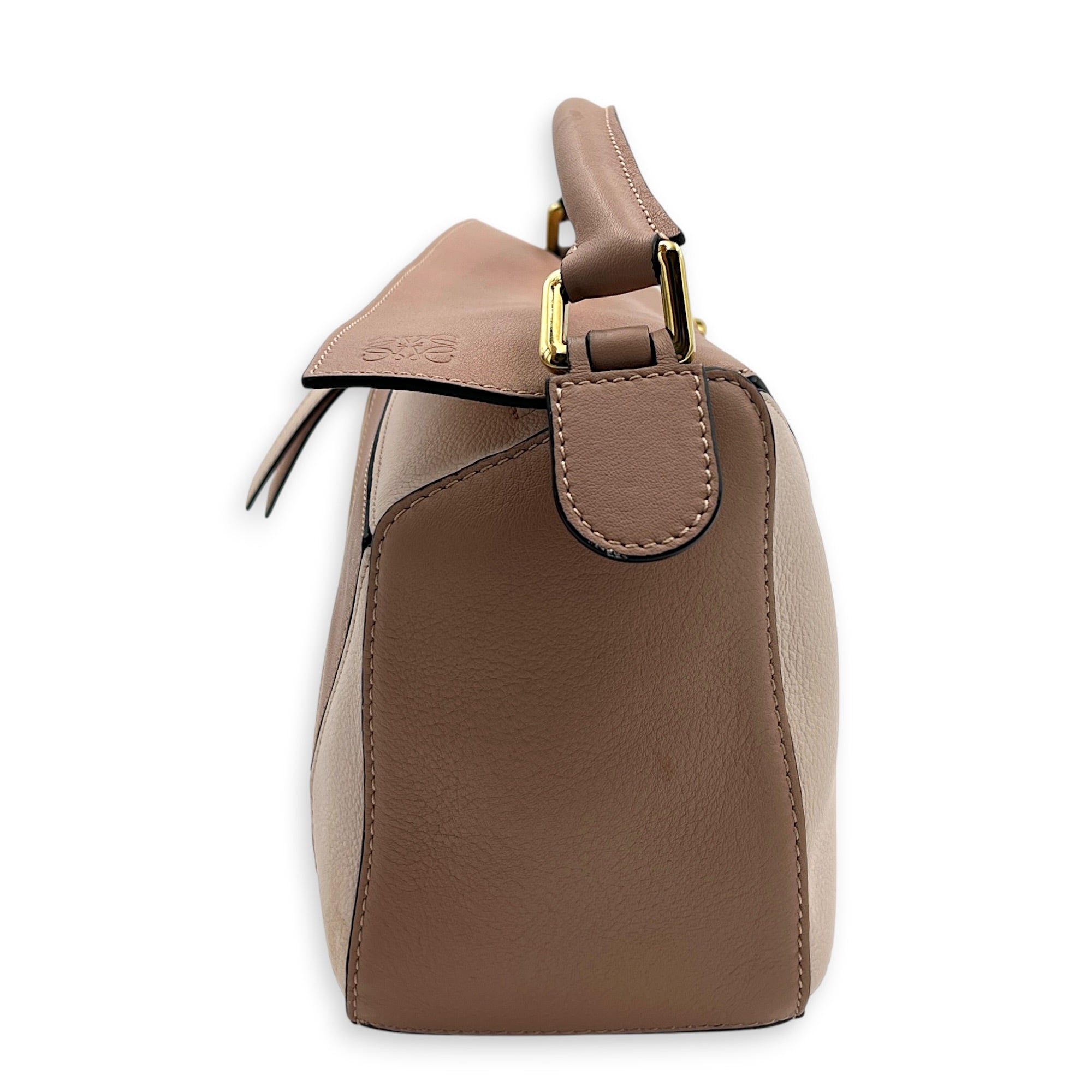 Puzzle Top Handle Bag Small Pink in Suede Leather, Gold hardware