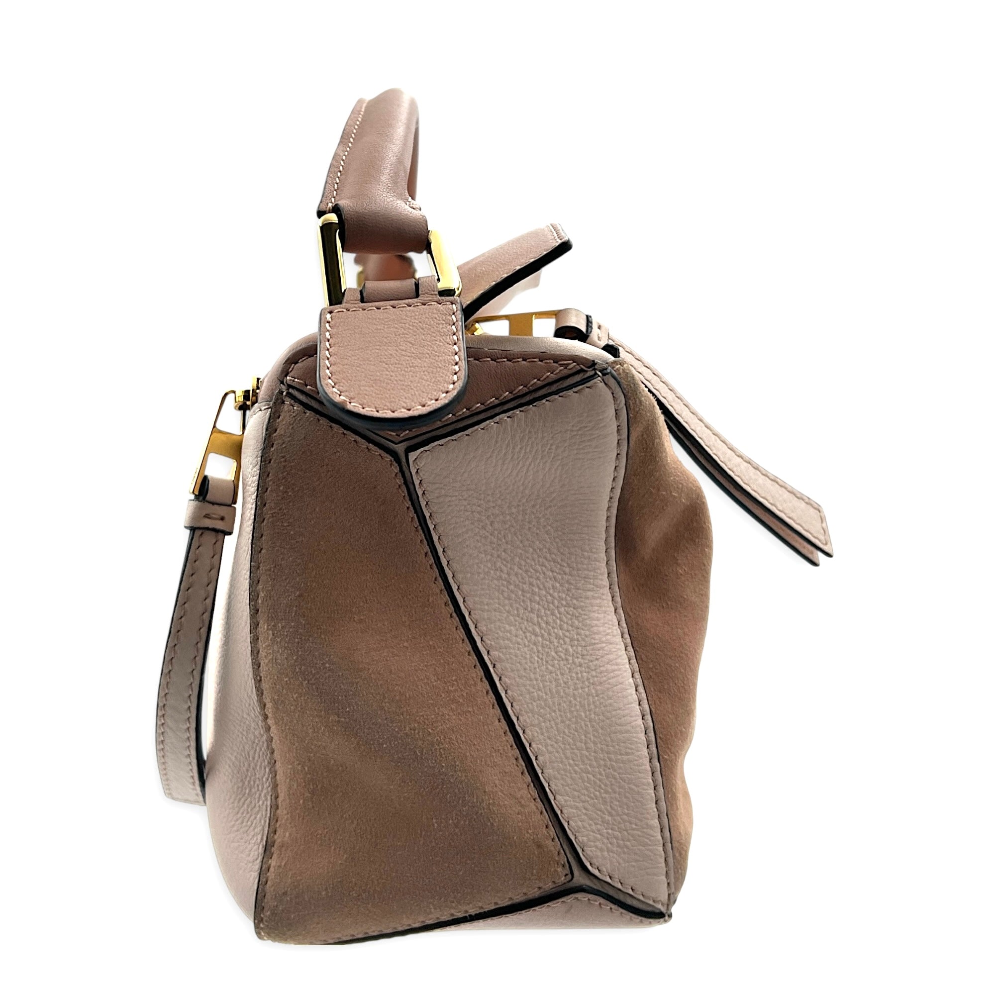Puzzle Top Handle Bag Small Pink in Suede Leather, Gold hardware