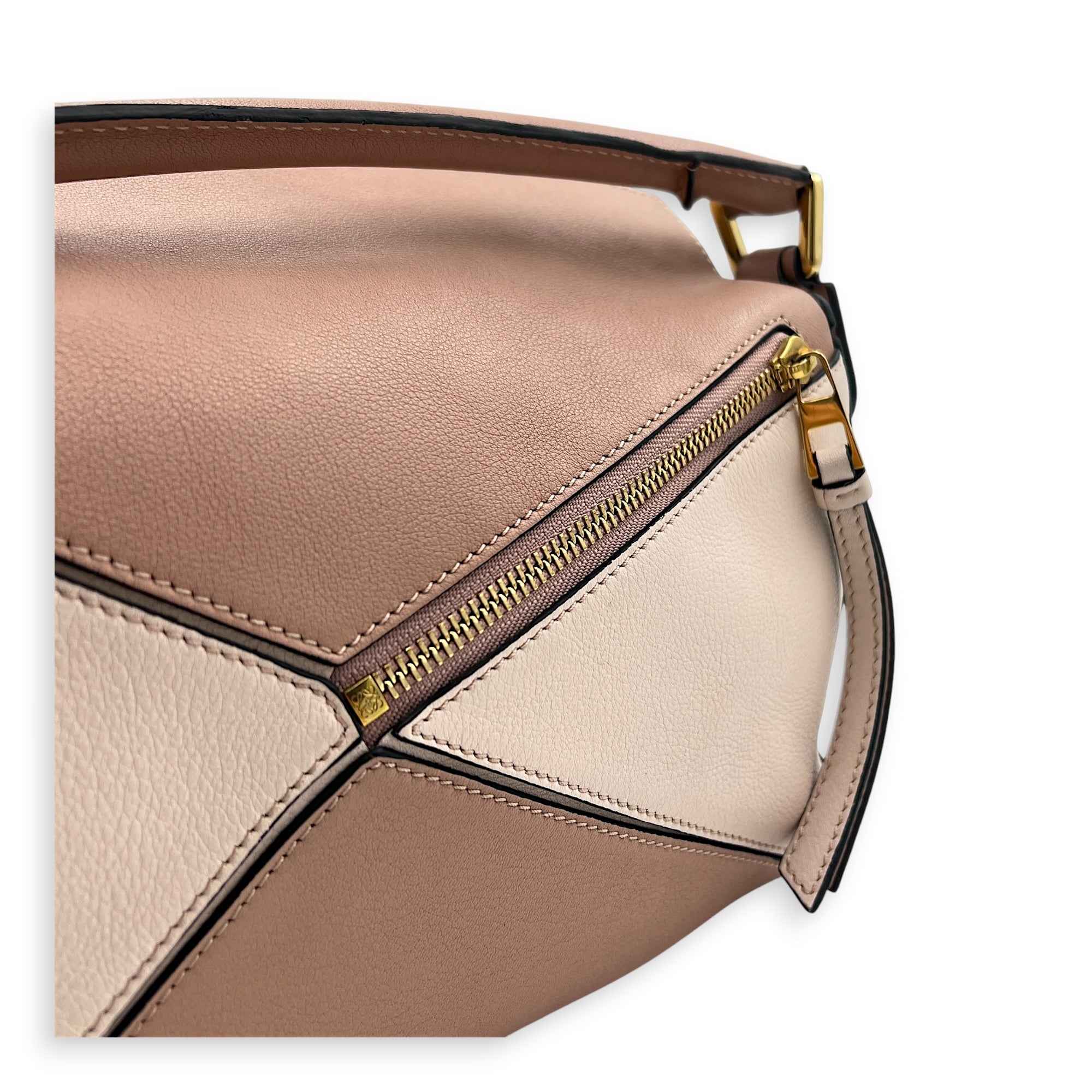 Puzzle Top Handle Bag Small Pink in Suede Leather, Gold hardware