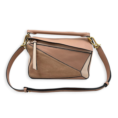 Puzzle Top Handle Bag Small Pink in Suede Leather, Gold hardware