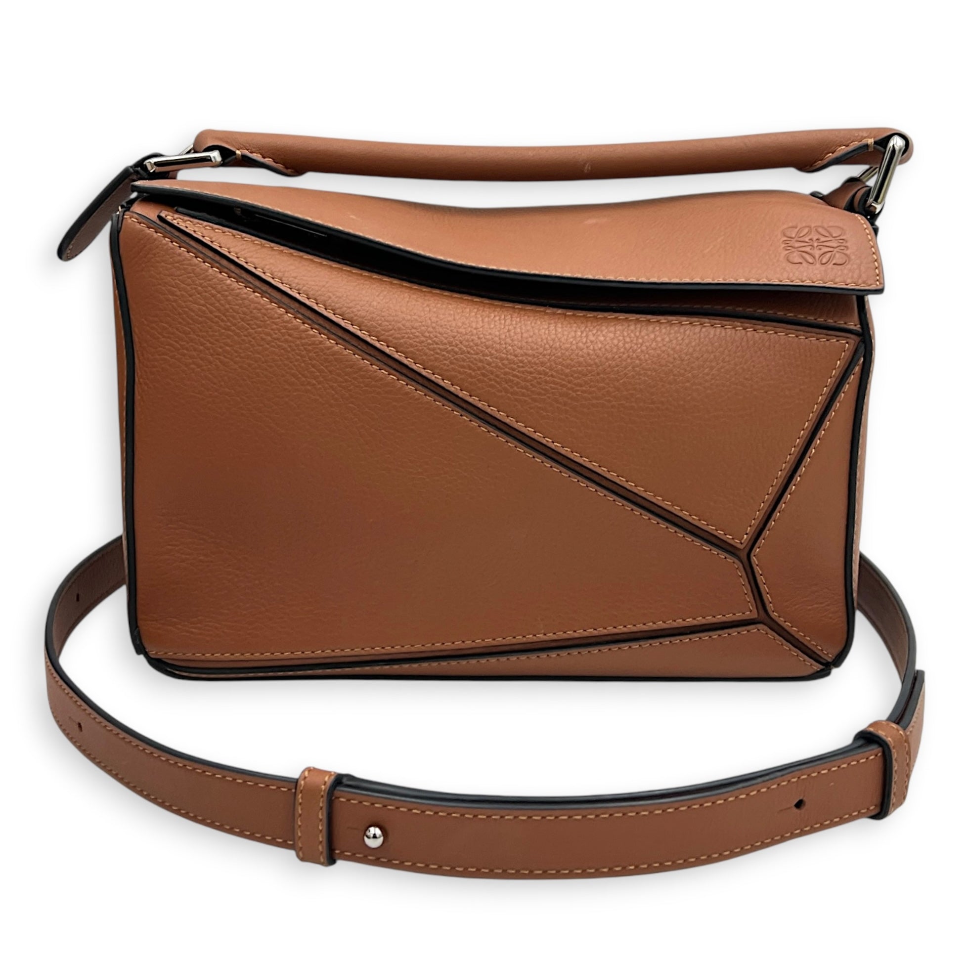 Puzzle Shoulder Bag Small Brown in Calfskin, Silver hardware