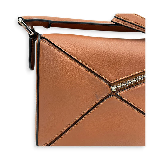 Puzzle Shoulder Bag Small Brown in Calfskin, Silver hardware