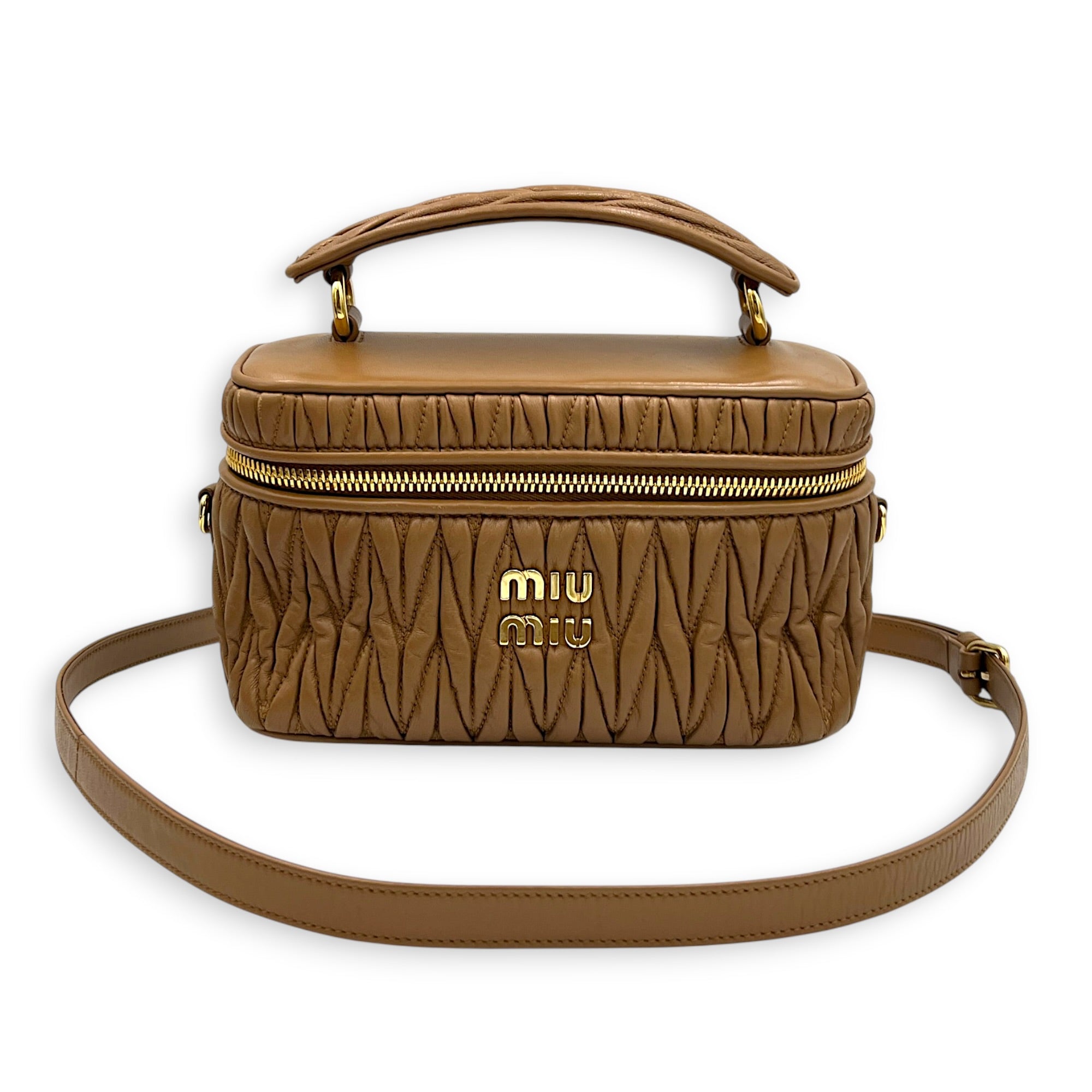 Matelassé Vanity Bag Brown in Lambskin, Gold hardware