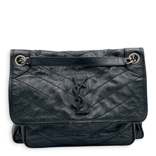 Niki Medium Black Shoulder Bag in Distressed Leather, Gunmetal hardware
