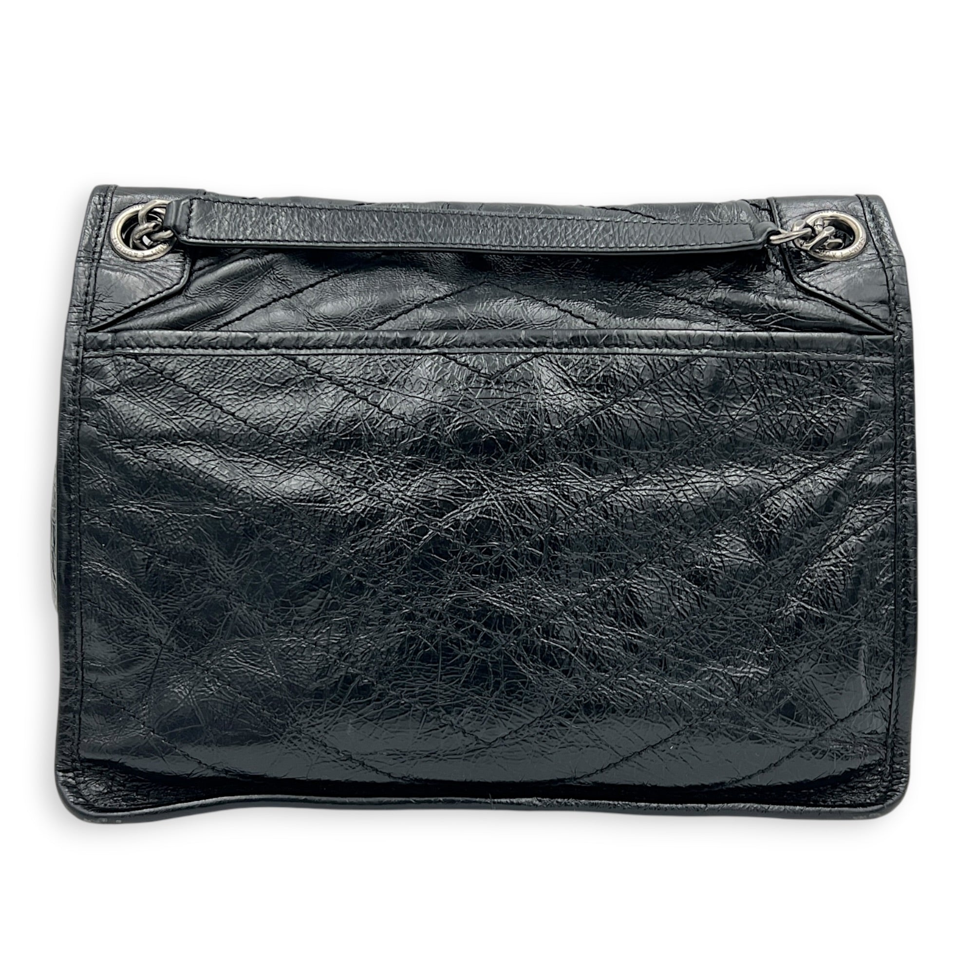 Niki Medium Black Shoulder Bag in Distressed Leather, Gunmetal hardware