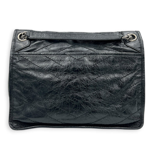 Niki Medium Black Shoulder Bag in Distressed Leather, Gunmetal hardware