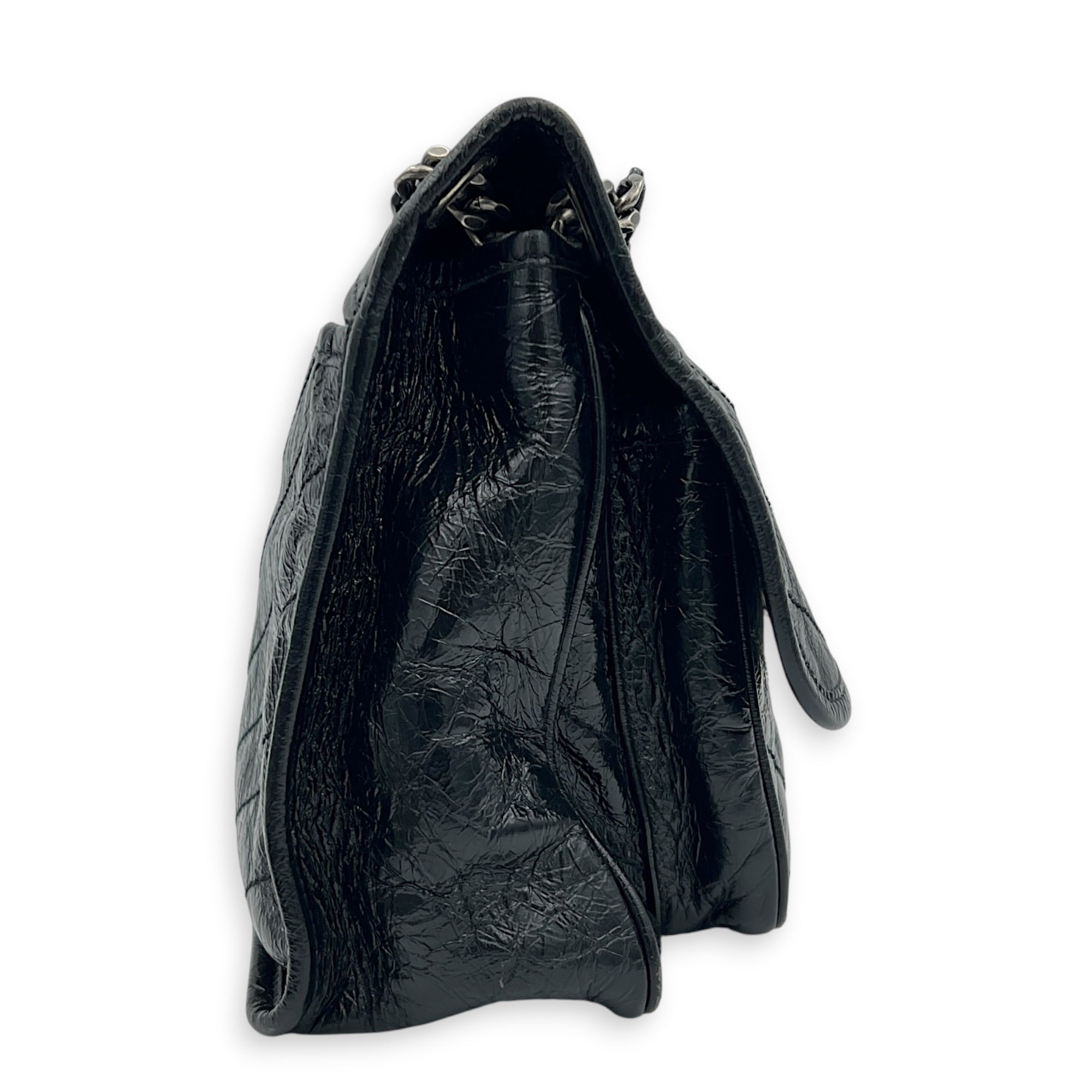 Niki Medium Black Shoulder Bag in Distressed Leather, Gunmetal hardware