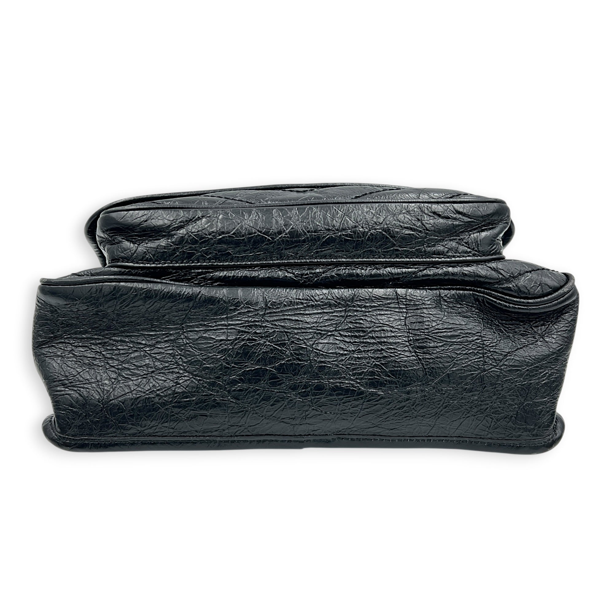 Niki Medium Black Shoulder Bag in Distressed Leather, Gunmetal hardware