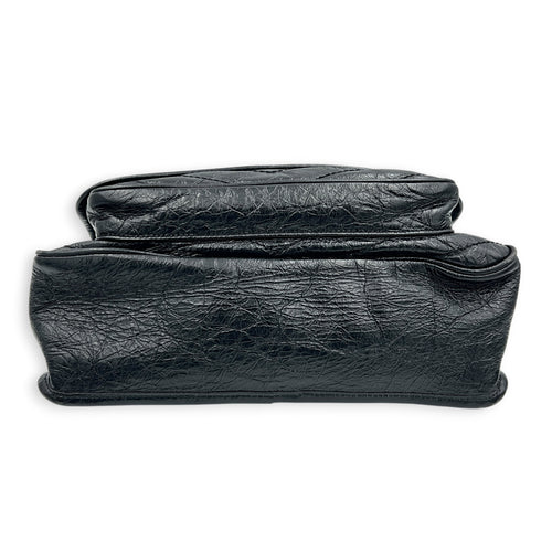 Niki Medium Black Shoulder Bag in Distressed Leather, Gunmetal hardware