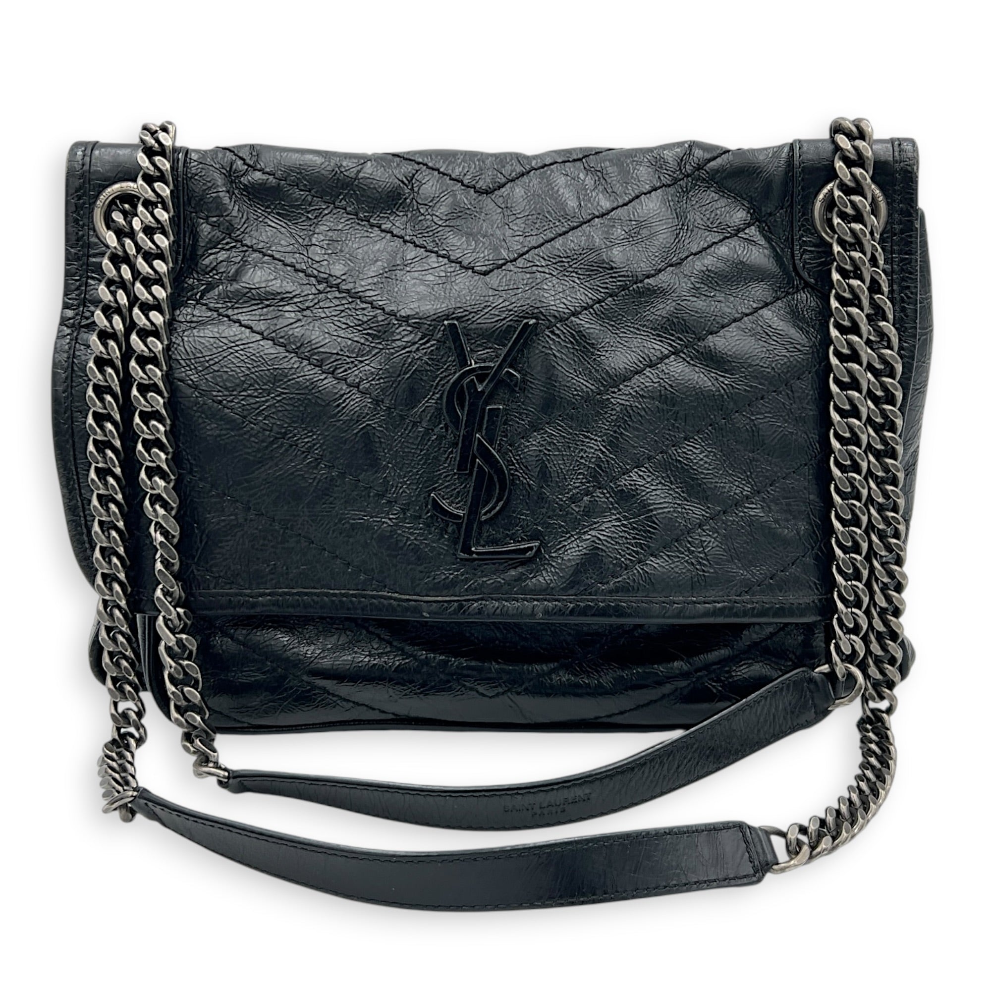 Niki Medium Black Shoulder Bag in Distressed Leather, Gunmetal hardware
