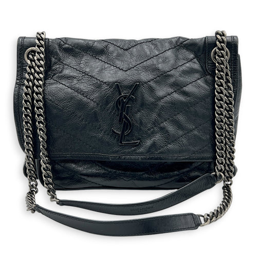 Niki Medium Black Shoulder Bag in Distressed Leather, Gunmetal hardware