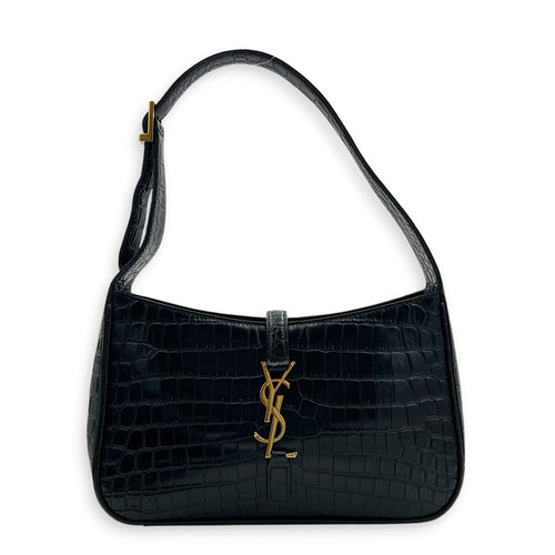 Le 5 A 7 Shoulder Bag Black in Crocodile Embossed Calfskin, Gold hardware