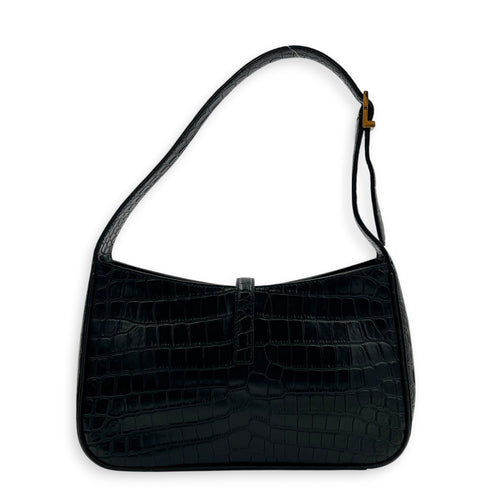 Le 5 A 7 Shoulder Bag Black in Crocodile Embossed Calfskin, Gold hardware