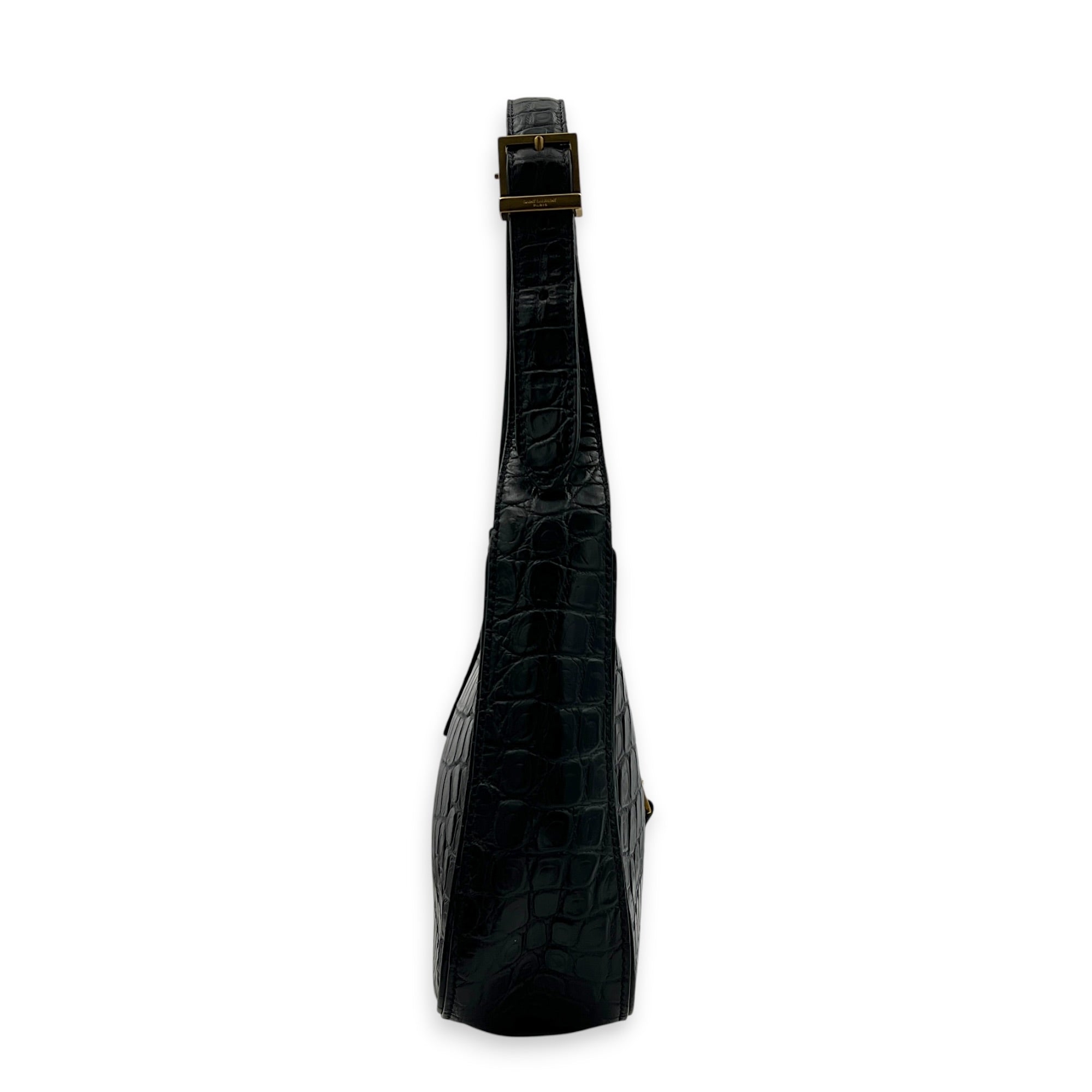Le 5 A 7 Shoulder Bag Black in Crocodile Embossed Calfskin, Gold hardware