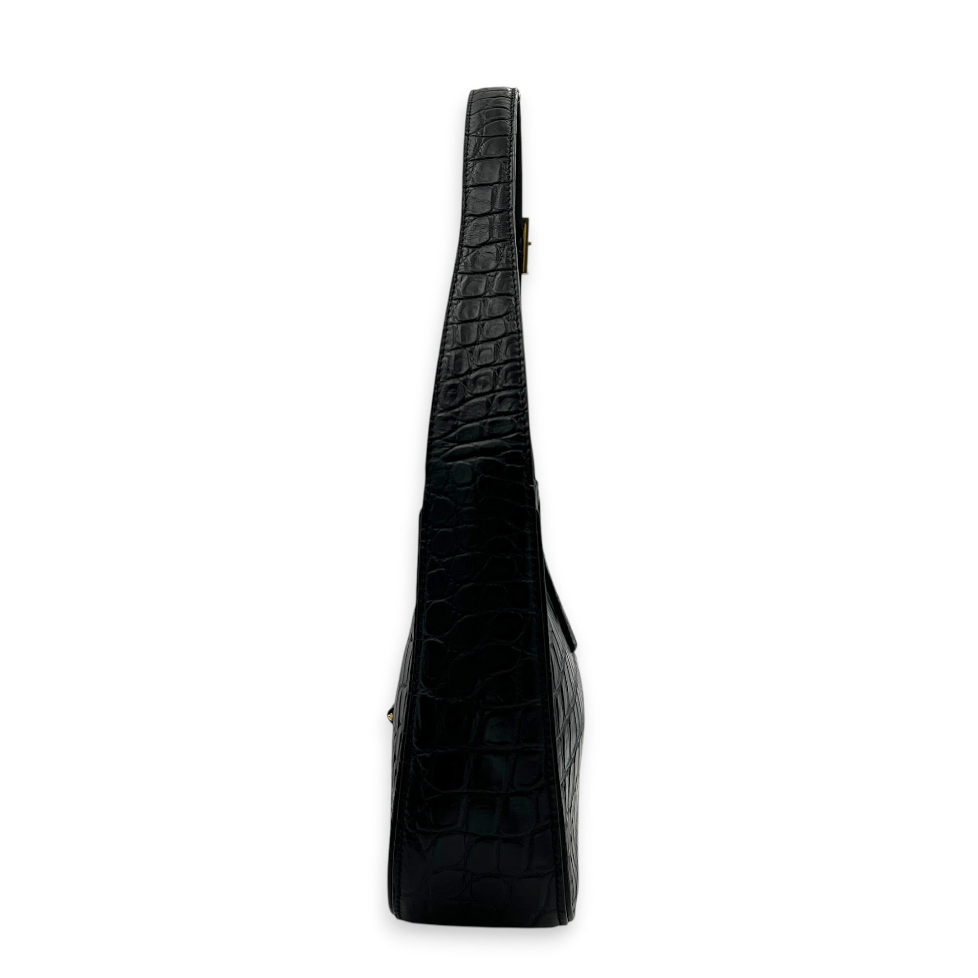 Le 5 A 7 Shoulder Bag Black in Crocodile Embossed Calfskin, Gold hardware