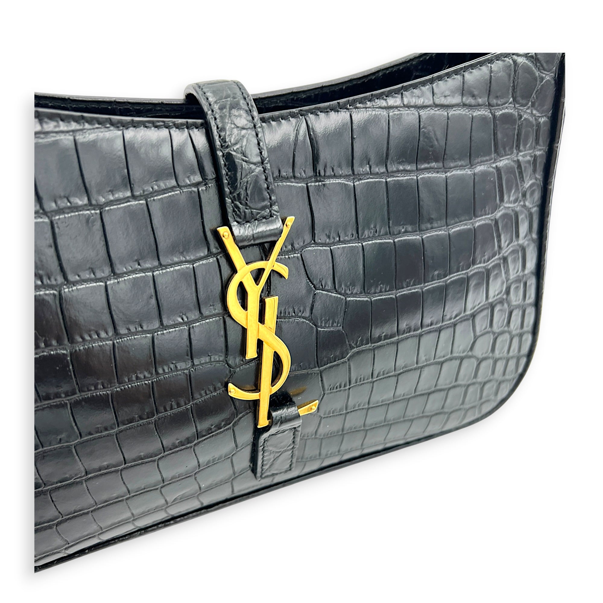 Le 5 A 7 Shoulder Bag Black in Crocodile Embossed Calfskin, Gold hardware