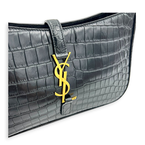 Le 5 A 7 Shoulder Bag Black in Crocodile Embossed Calfskin, Gold hardware