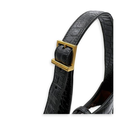 Le 5 A 7 Shoulder Bag Black in Crocodile Embossed Calfskin, Gold hardware