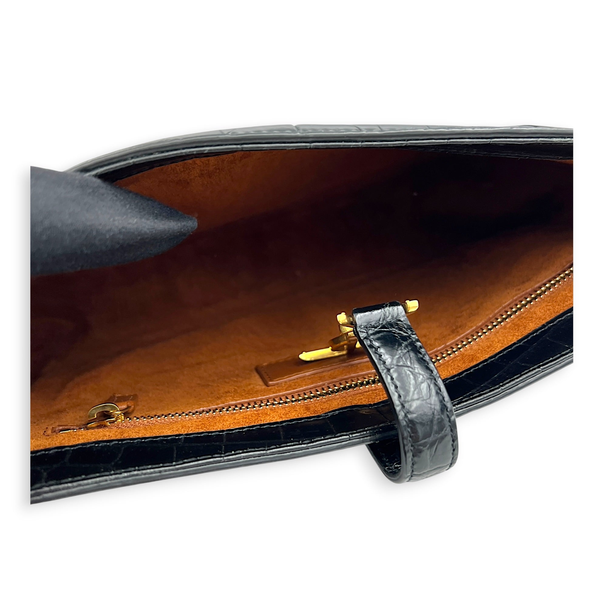 Le 5 A 7 Shoulder Bag Black in Crocodile Embossed Calfskin, Gold hardware