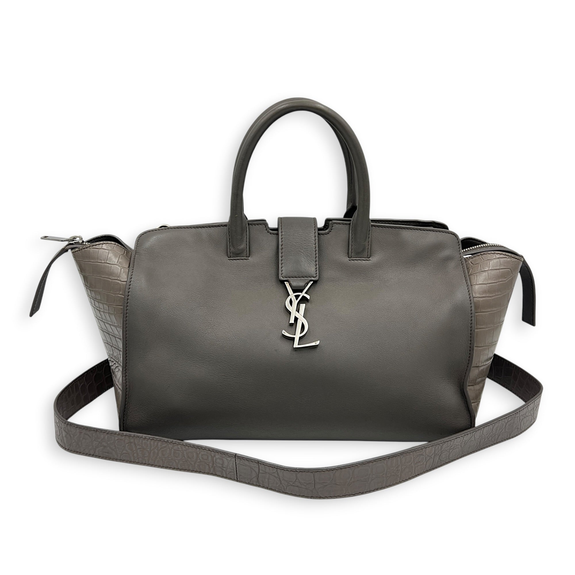 Cabas Shoulder Bag Small Grey in Crocodile Embossed Calfskin, Silver hardware