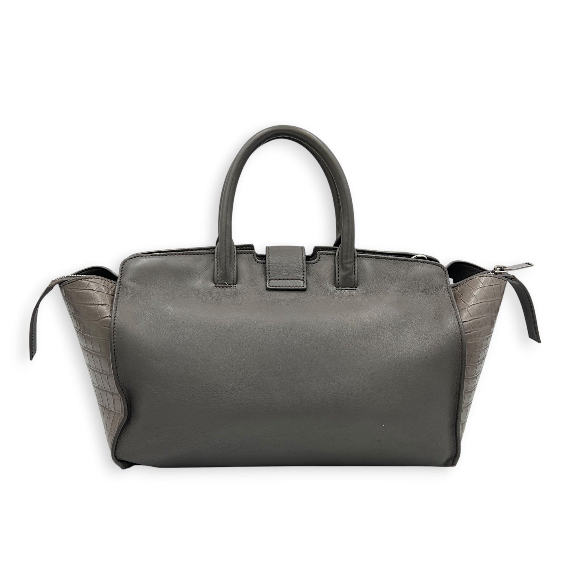 Cabas Shoulder Bag Small Grey in Crocodile Embossed Calfskin, Silver hardware
