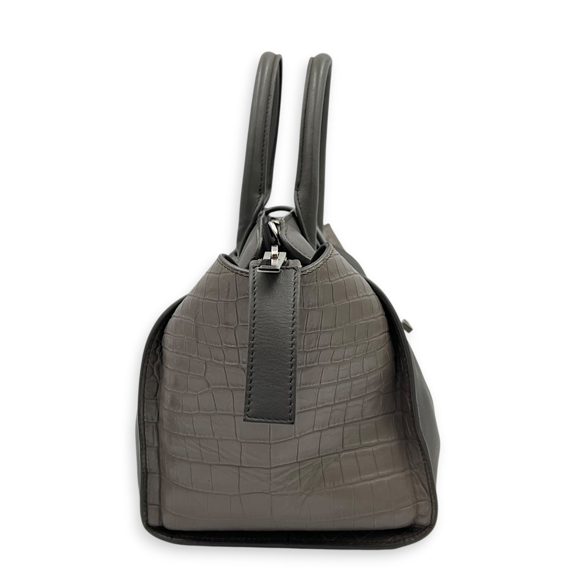 Cabas Shoulder Bag Small Grey in Crocodile Embossed Calfskin, Silver hardware