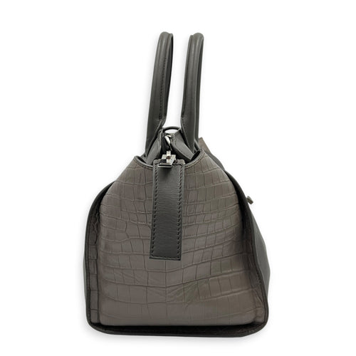Cabas Shoulder Bag Small Grey in Crocodile Embossed Calfskin, Silver hardware