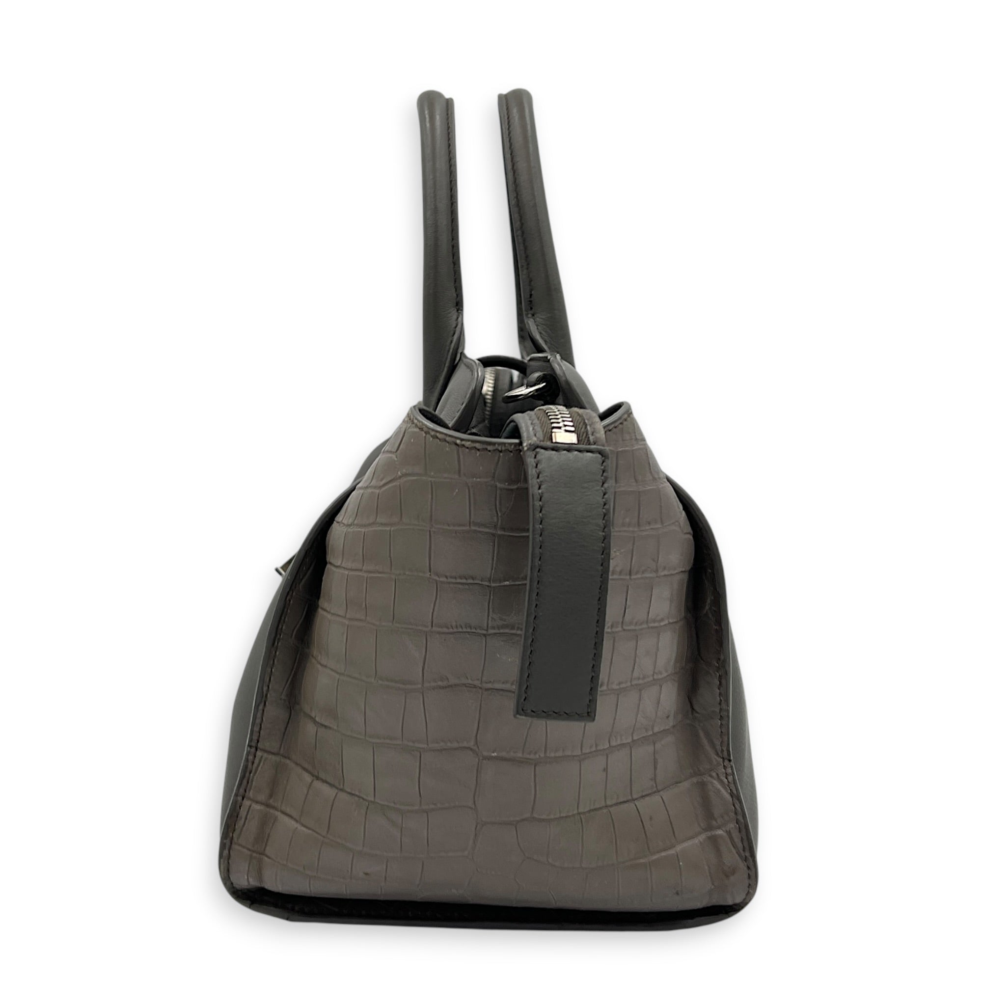 Cabas Shoulder Bag Small Grey in Crocodile Embossed Calfskin, Silver hardware