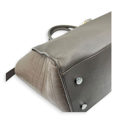 Cabas Shoulder Bag Small Grey in Crocodile Embossed Calfskin, Silver hardware