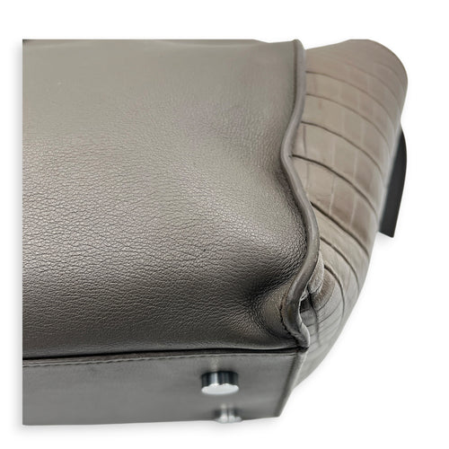 Cabas Shoulder Bag Small Grey in Crocodile Embossed Calfskin, Silver hardware