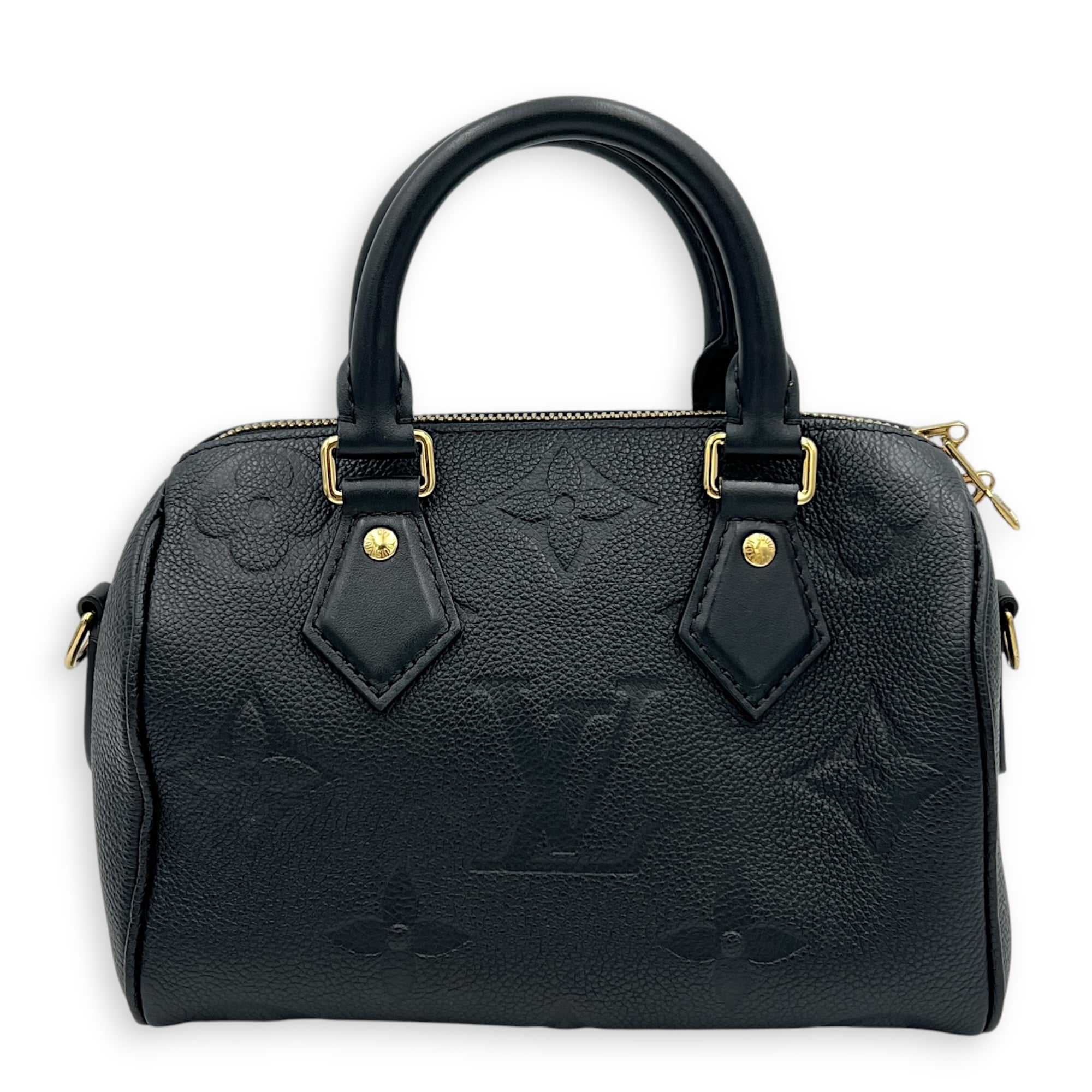 Speedy Bandouliere 20 Black Top Handle Bag in Empreinte Leather, Gold hardware