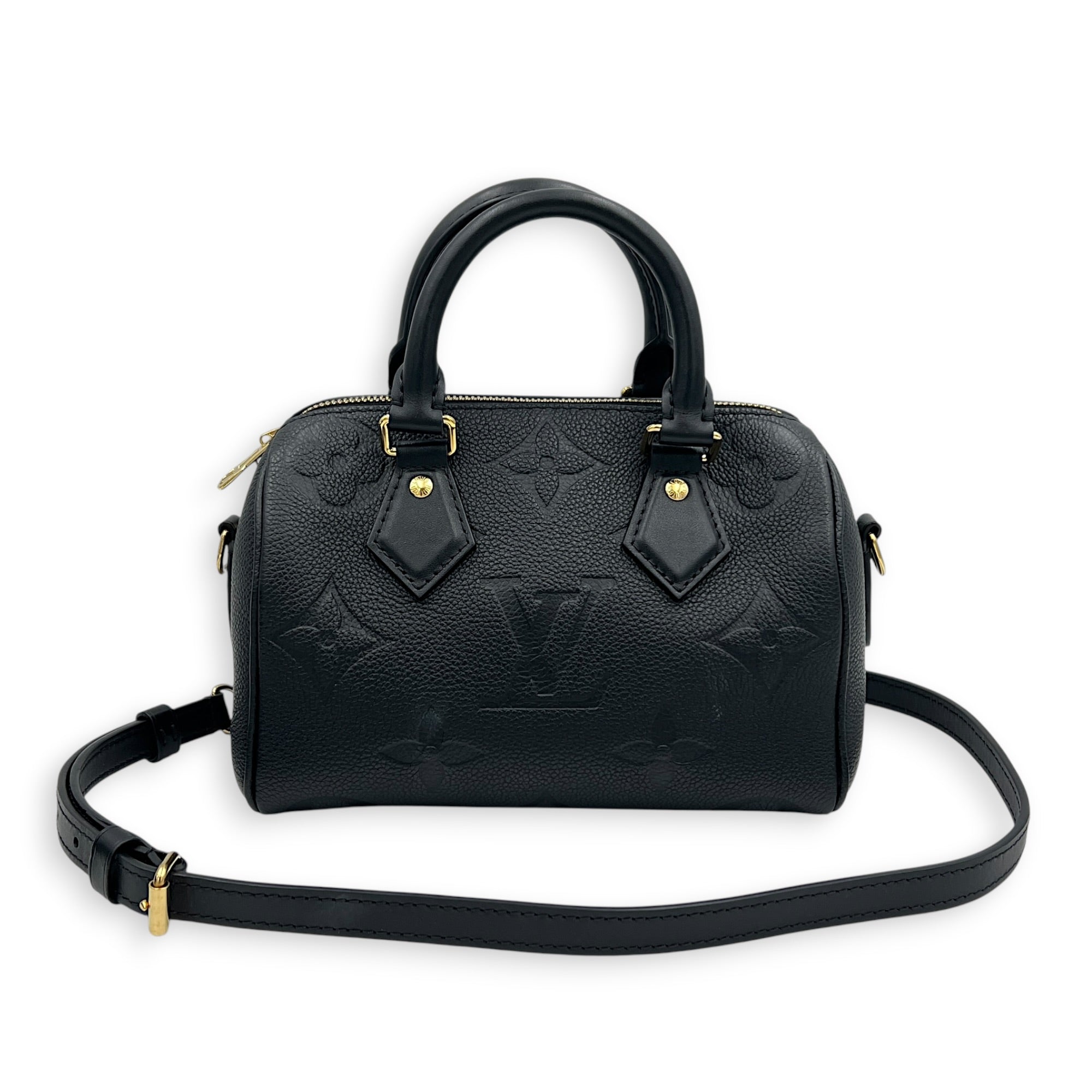 Speedy Bandouliere 20 Black Top Handle Bag in Empreinte Leather, Gold hardware
