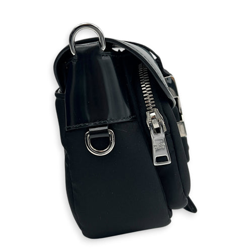 Buckle Pocket Black Crossbody Bag in Spazzolato & Re-Nylon, Silver hardware
