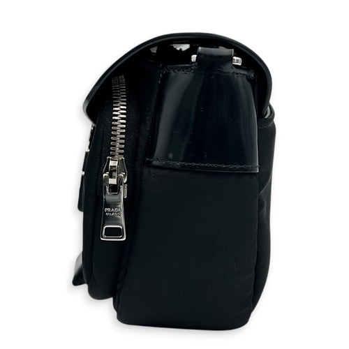 Buckle Pocket Black Crossbody Bag in Spazzolato & Re-Nylon, Silver hardware