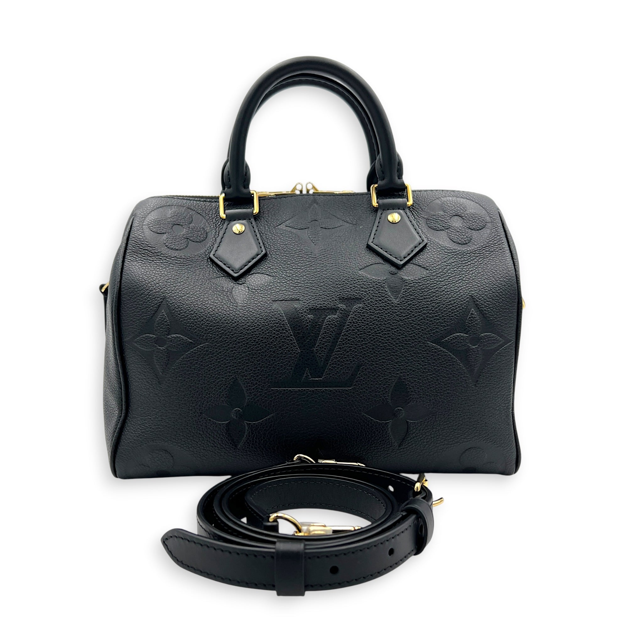 Speedy Bandouliere 25 Black Top Handle Bag in Empreinte Leather, Gold hardware
