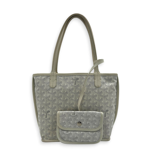 Anjou Mini White Tote Bag in Coated Canvas, Silver hardware