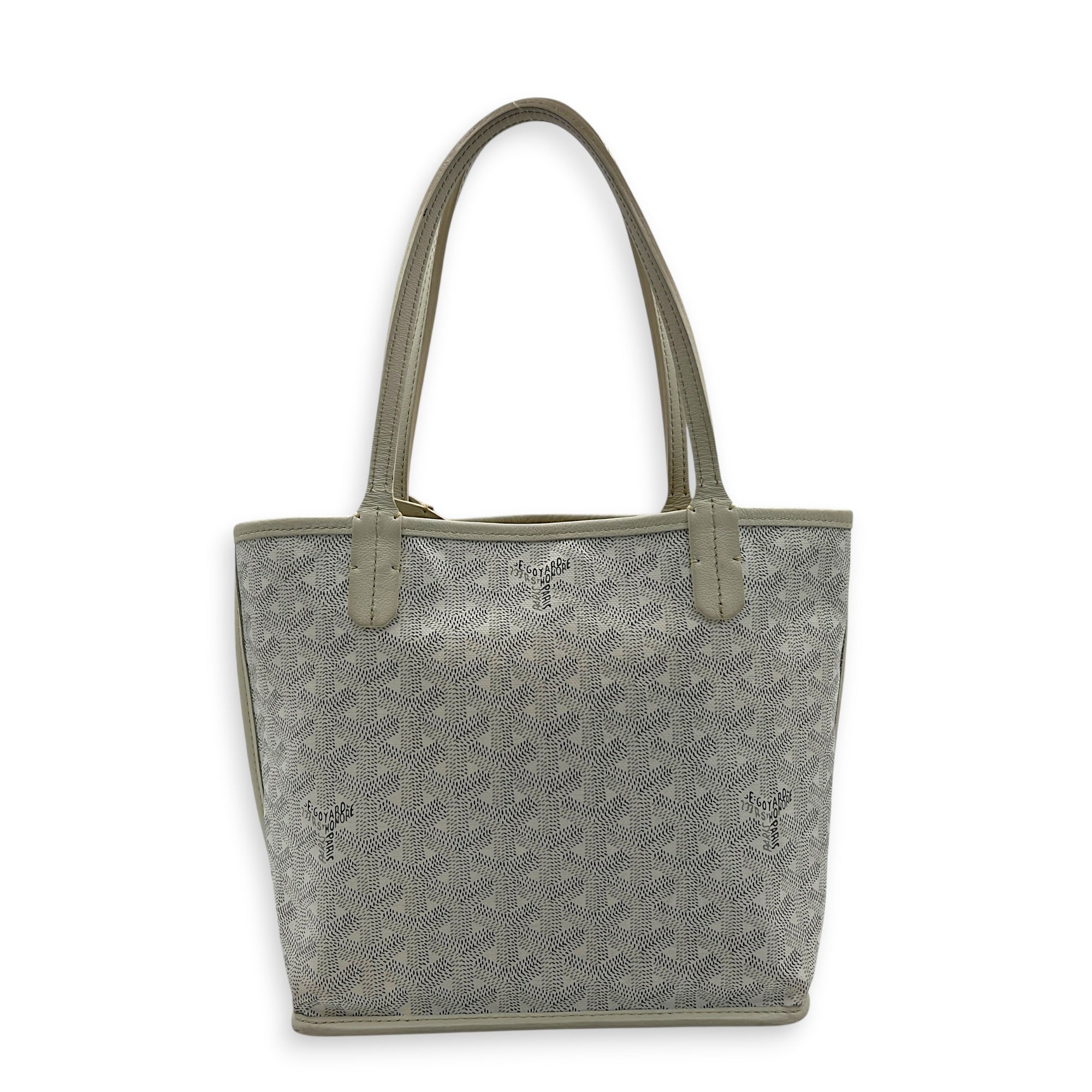 Anjou Mini White Tote Bag in Coated Canvas, Silver hardware