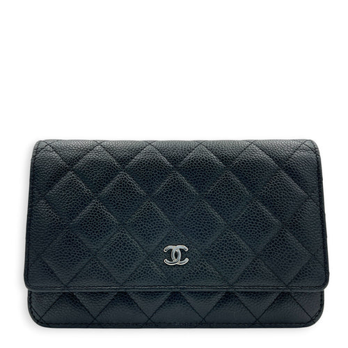 Classic Wallet On Chain Black in Caviar Leather, Silver hardware