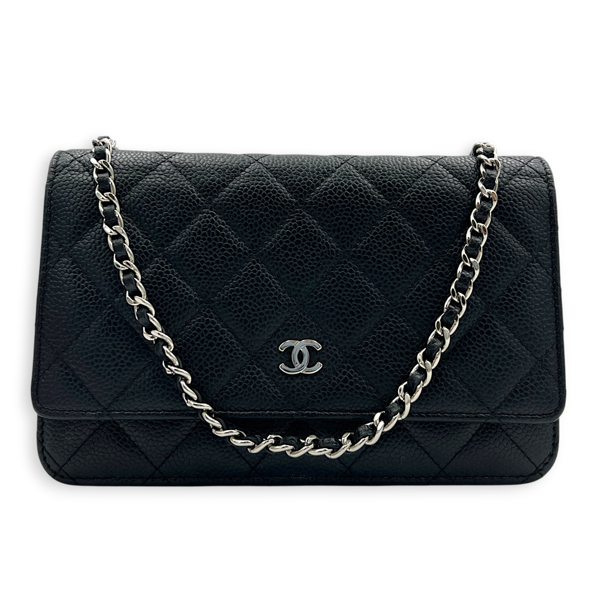 Classic Wallet On Chain Black in Caviar Leather, Silver hardware