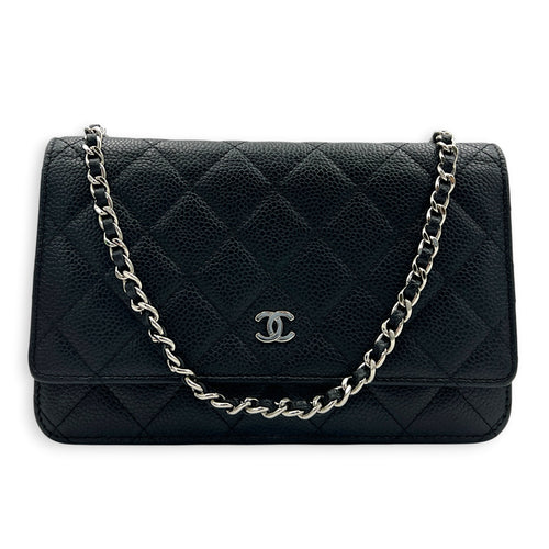 Classic Wallet On Chain Black in Caviar Leather, Silver hardware