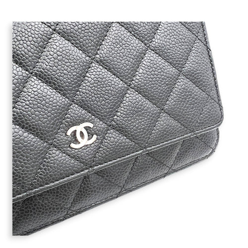 Classic Wallet On Chain Black in Caviar Leather, Silver hardware