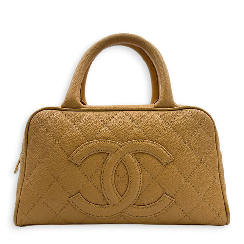 CC Boston Beige Top Handle Bag in Caviar Leather, Gold hardware