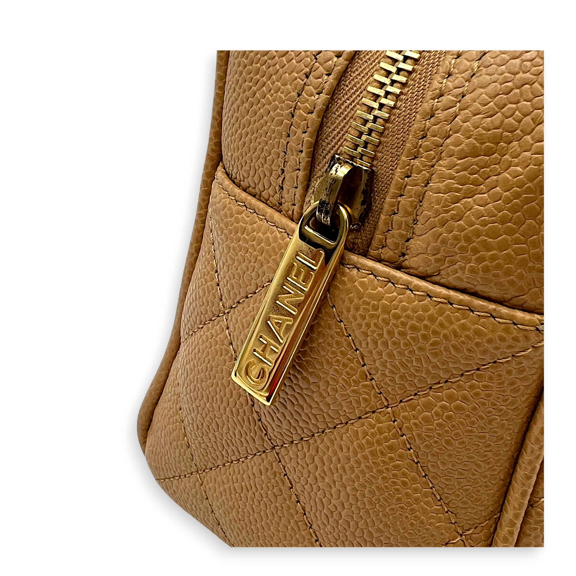 CC Boston Beige Top Handle Bag in Caviar Leather, Gold hardware