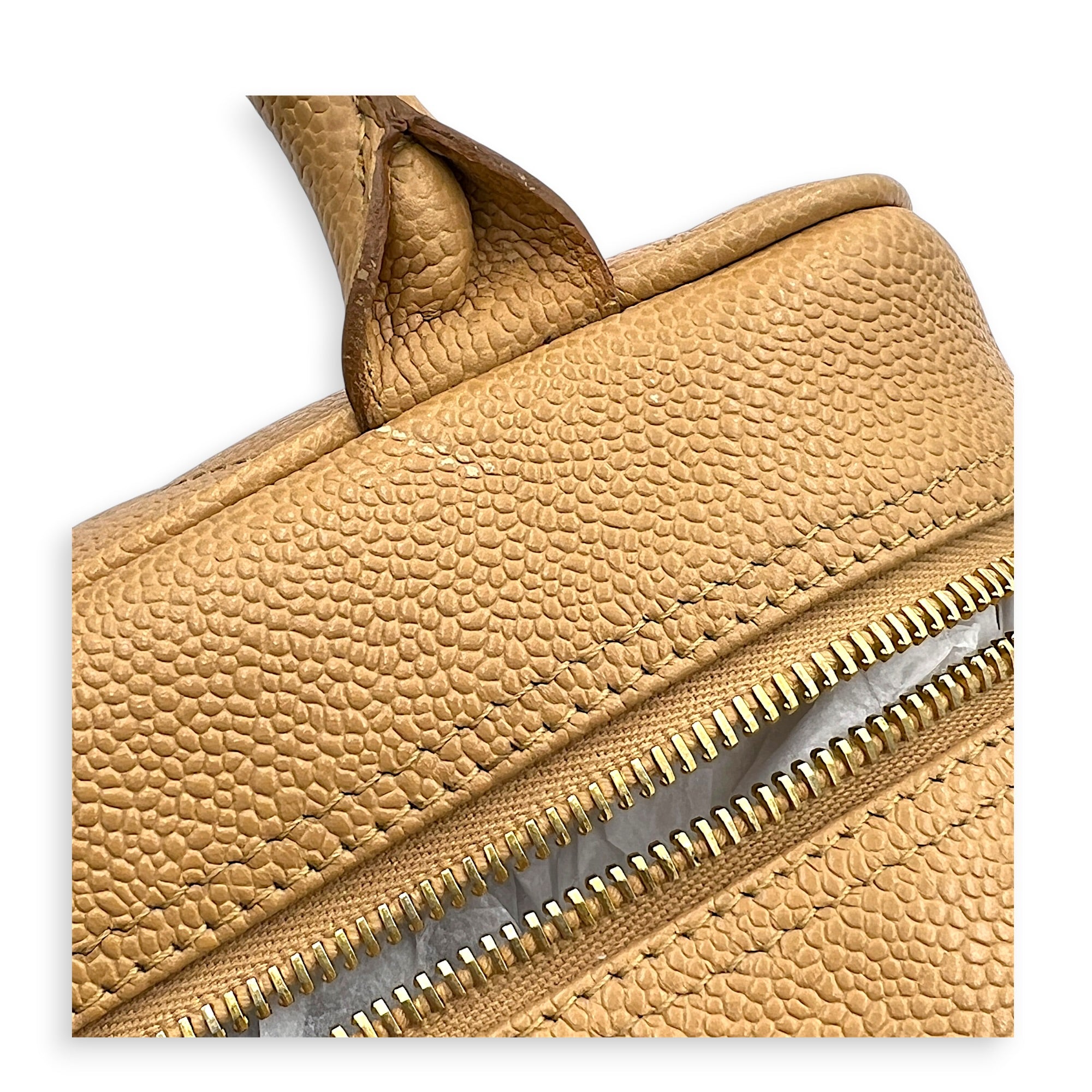 CC Boston Beige Top Handle Bag in Caviar Leather, Gold hardware