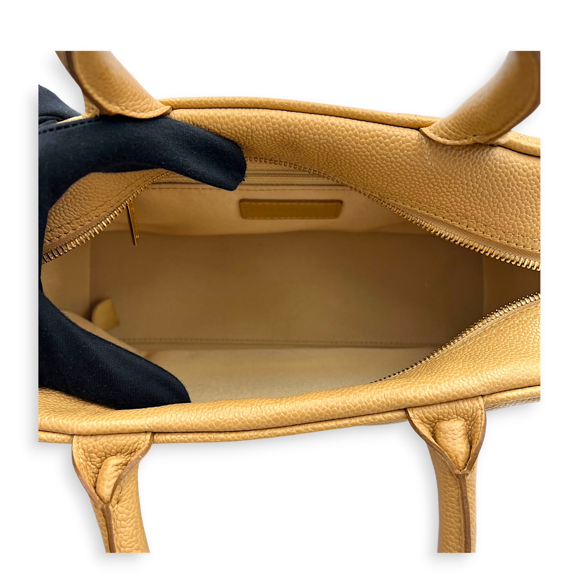 CC Boston Beige Top Handle Bag in Caviar Leather, Gold hardware