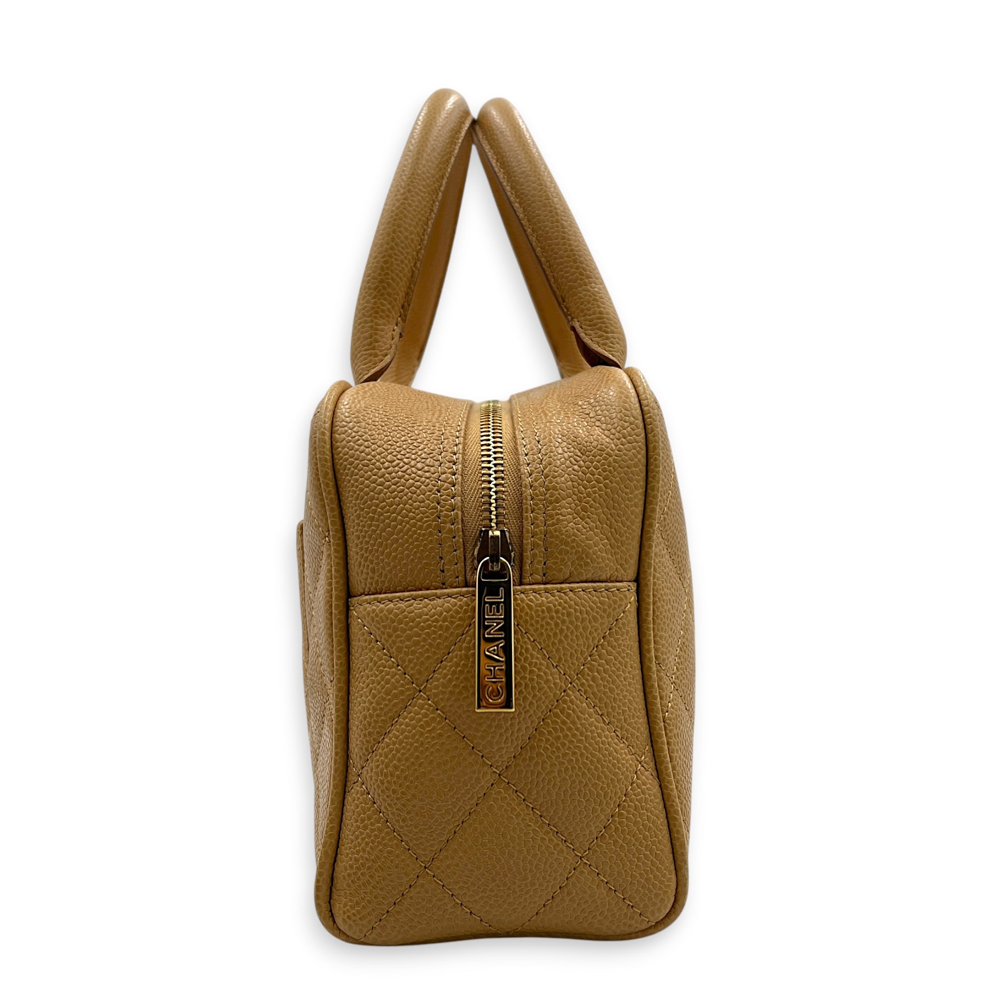 CC Boston Beige Top Handle Bag in Caviar Leather, Gold hardware