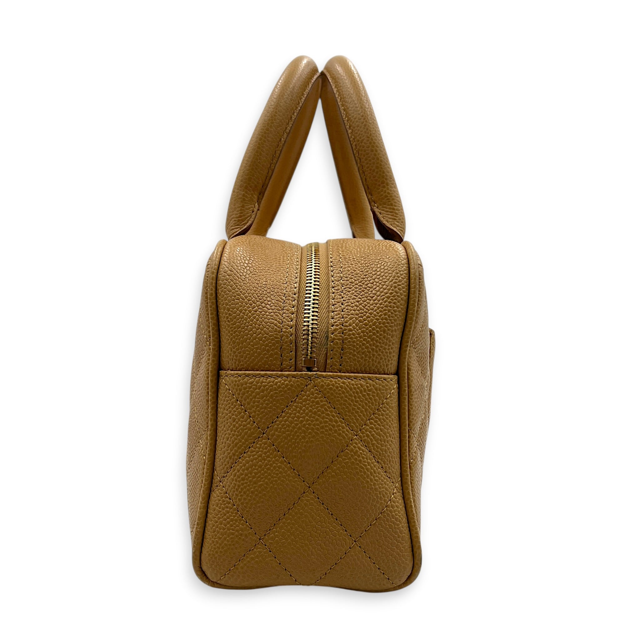 CC Boston Beige Top Handle Bag in Caviar Leather, Gold hardware