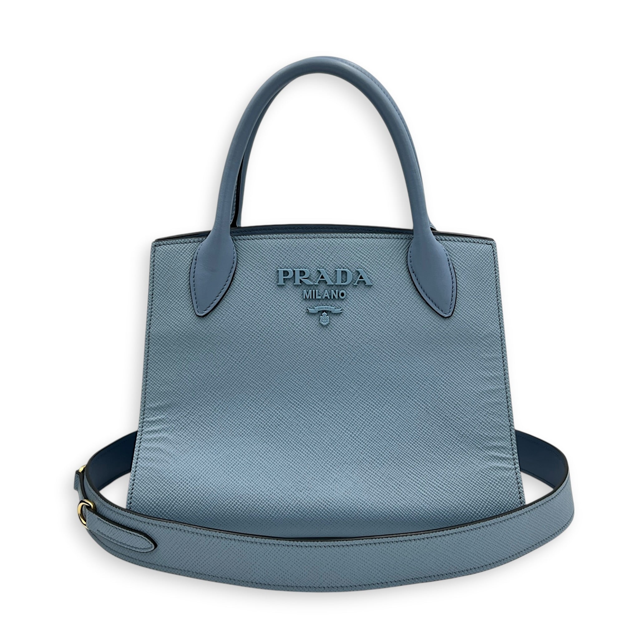 Monochrome Top Handle Bag Blue in Saffiano Leather, Gold hardware