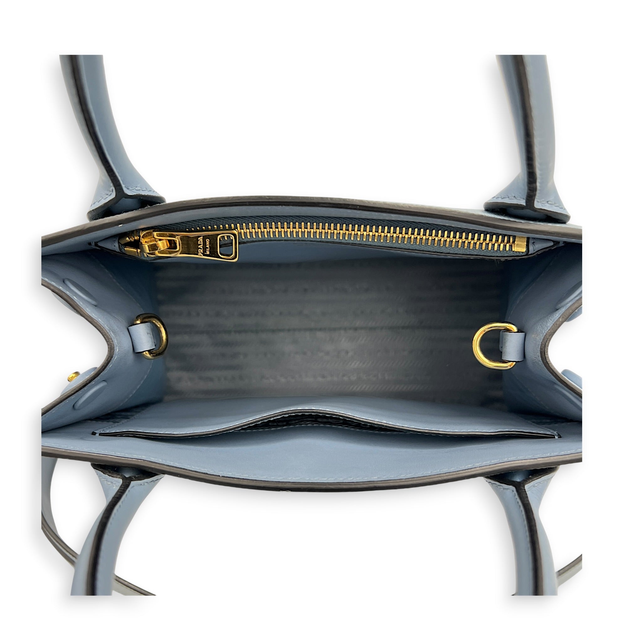 Monochrome Top Handle Bag Blue in Saffiano Leather, Gold hardware